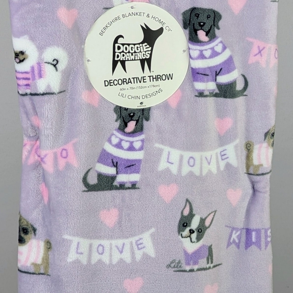 Boston Terrier Frenchie Pugs Kisses Love Plush Throw Blanket Lavender 60x70 NWT